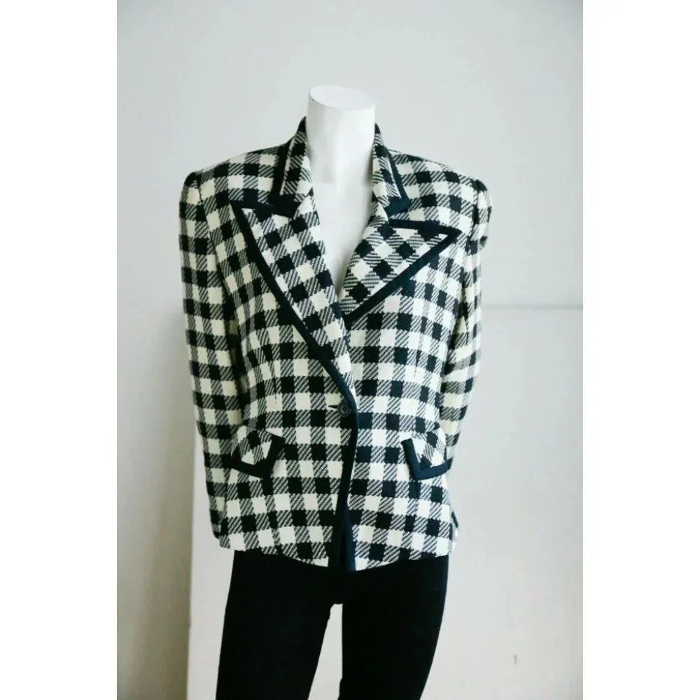 Vintage Wool Black White PlAid Notched Collar Fitted Cropped Chic Blazer M